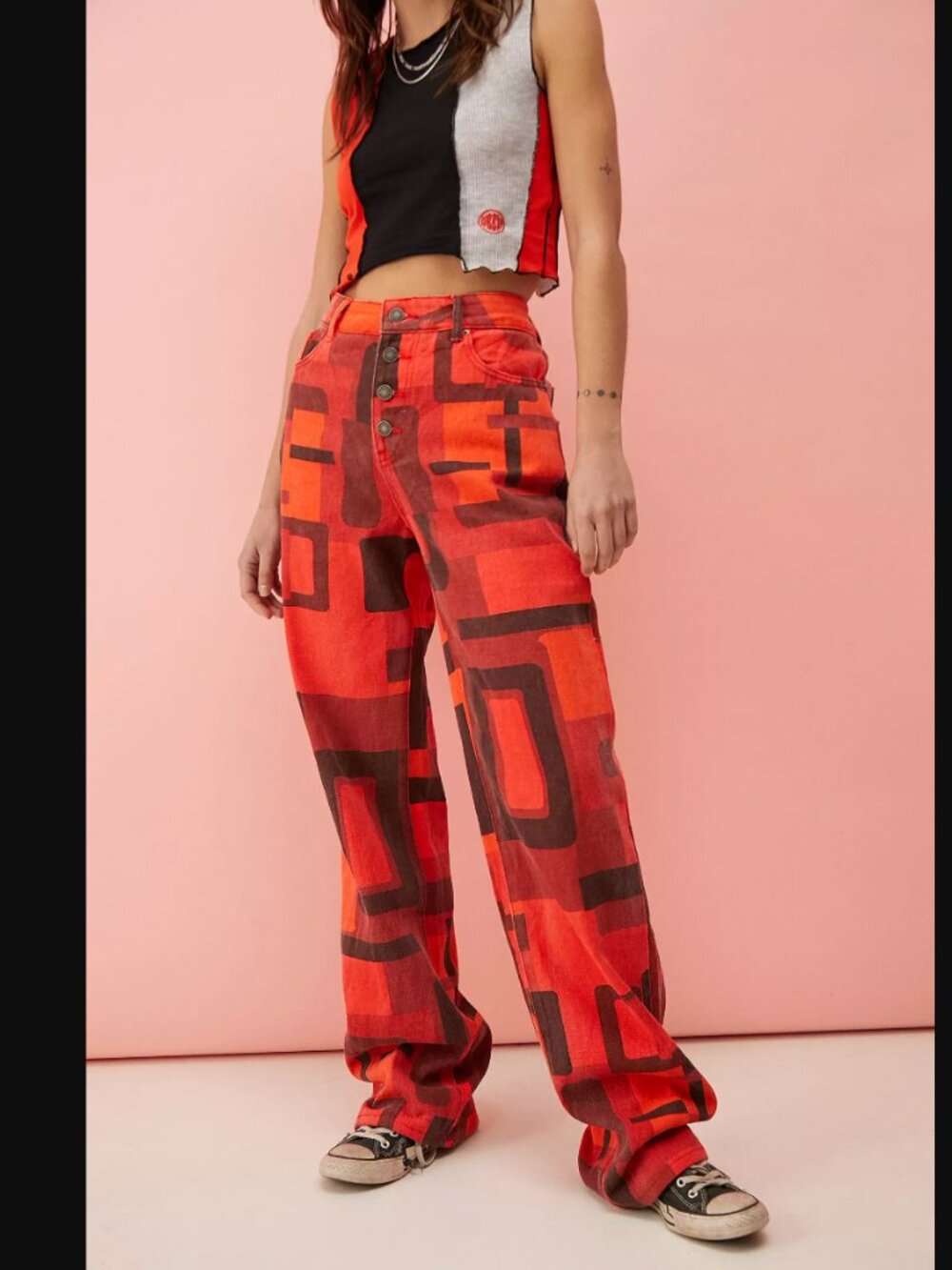 Jaded London Red Orange Abstract Geometric Boyfriend Jeans Streetwear